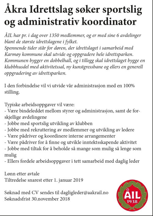 Åkra Idrettslag søker sportslig og administrativ leder